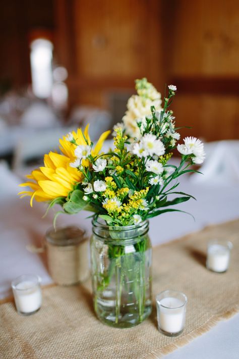 White Mason Jars, Wedding Flowers Yellow, Bride Emergency Kit, Wildflower Birthday Party, Wild Flower Arrangements, Wildflower Centerpieces, Sunshine First Birthday, Holiday Dinner Table, Yellow Wedding Flowers