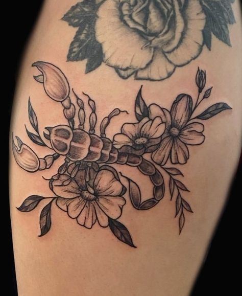 Girly Scorpion Tattoo, Scorpion Tattoo Design Feminine, Geranium Tattoo, Tattoo Scorpio, Scorpio Tattoos, Scorpion Tattoos, Fierce Tattoo, Side Tattoos Women, Mama Tried