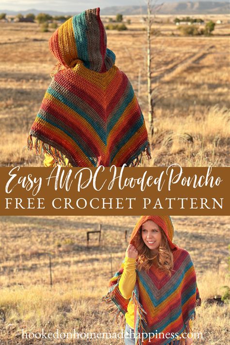 Easy All Double Crochet Hooded Poncho - Hooked on Homemade Happiness Crochet Hooded Poncho, Hooded Poncho Pattern, Crochet Poncho Patterns Easy, Poncho Crochet Pattern, Crochet Hood, Coiled Fabric Basket, Crochet Poncho Free Pattern, Kids Poncho, Modern Crochet Patterns