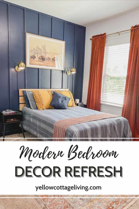 Jen at Yellow Cottage Living created a perfect modern masculine bedroom for her college aged son. This bedroom decor refresh is the perfect mix of modern and bold. A great navy, orange and yellow color scheme for a maturing guy. Navy blue accent wall creates a great backdrop for this bedroom decor refresh. College Boys Bedroom Ideas, Boys Bedroom Paint Color, Navy Blue Accent Wall, Modern Masculine Bedroom, Bnb Ideas, Navy Accent Walls, Blue Boys Bedroom, Boys Bedroom Paint, Navy Blue Bedrooms