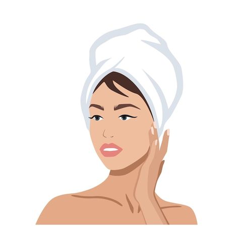 Portrait of a beautiful woman with a tow... | Premium Vector #Freepik #vector #skincare #facial-care #face-care #facial-skin Woman With Towel On Head, Cosmetology Skin Care, Vector Portrait, Touching Herself, Psd Icon, Cosmetology, Vector Photo, Image Collection, Beautiful Woman