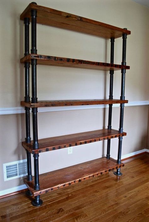 Pipe Bookshelf, Bookshelf Wood, Reclaimed Wood Bookcase, Rustic Bookshelf, Diy Bookshelf, Garage Shelves, Wood Bookshelf, Industrial Pipe Shelves, Wood Pipe