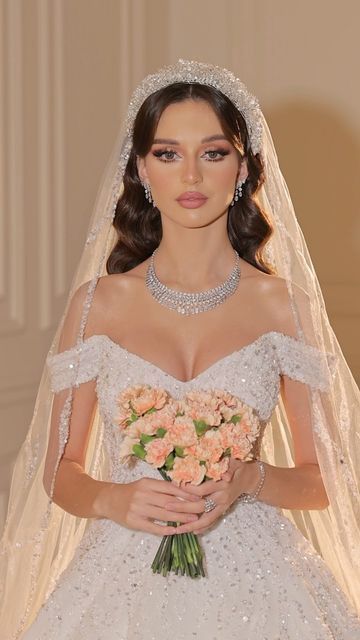 Bride Hairstyles With Veil, Bride Hair Down, Bridal Hair Tiara, Bridal Hair Down, Bridal Hair Veil, Glam Bride, Off Shoulder Wedding Dress, Bridal Hair Inspiration, Wedding Hairstyles Bride