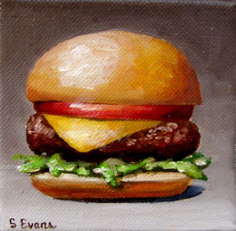 Iconic American Cheeseburger. This was tiny, just 6x6. Oil on cradled panel. Oil Pastel Food Art, Cheeseburger Painting, Hamburger Painting, Painting Of Food, Burger Painting, Food Paintings, Fruit Art Drawings, Paintings Landscape, Sailing Art