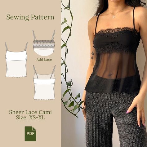 Sheer Lace Cami Sewing Pattern PDF S-XL - Etsy Sheer Cami Outfit, Sheer Top Pattern, Cute Shirt Pattern Sewing, Mesh Top Sewing Pattern, Cami Pattern Sewing, Lace Sewing Patterns, How To Sew Mesh Fabric, Lace Top Sewing Pattern, Going Out Top Sewing Pattern