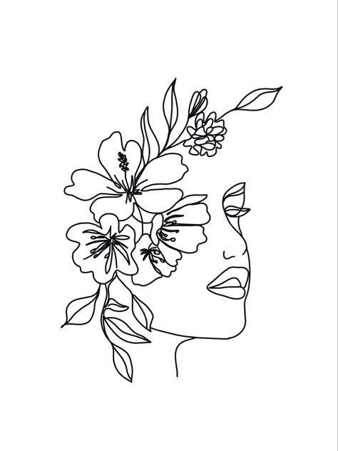 Tropical Flower Line Drawing, Female Outline Tattoo Flower, Fineline Face Tattoo, Face And Flower Tattoo, Line Art Tattoo Woman Face, Tattoo Line Art Woman, Floral Head Tattoo, Flower Head Tattoo, Face Outline Tattoo