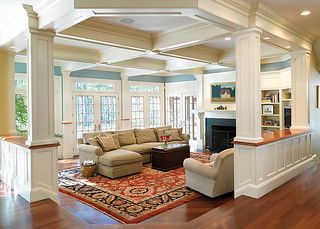 Soderholm-Family-Room | Built by Soderholm Custom Builders; … | Flickr Pillars In Home, Step Down Living Room Ideas, Sunken Lounge, Room Comfy, Sweet Room, Half Walls, Sunken Living Room, Game Room Family, Corner Tv