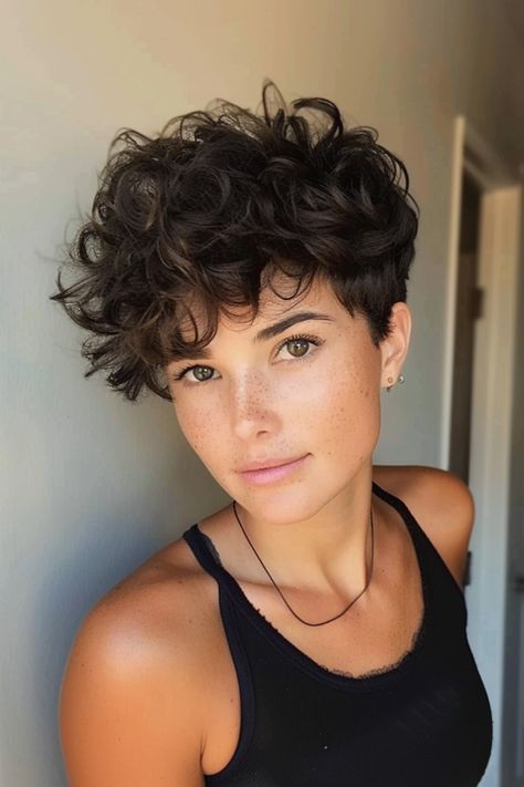 Curly Pixie Bangs, Short Curly Womens Haircuts, Asymmetrical Bob Curly Hair, Short Curly Haircuts Masc Women, Undercut Curly Pixie, Very Short Curly Haircuts, French Pixie Cut, Curly Hair Pixie Cut, Pixie Haircut Curly Hair