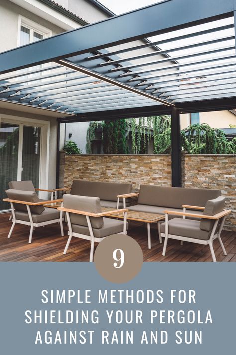 Discover the perfect solutions to protect your pergola from unpredictable weather! Explore 9 effortless techniques to shield your outdoor space from both rain and sun. From stylish Louvered Roofs to natural shade options, this guide has you covered. Transform your pergola into a comfortable sanctuary, rain or shine! Diy Pergola Shade Cover, Pergola With Rain Protection, Louvered Pergola Roof Diy, Pergola Waterproof Cover, Rain Proof Pergola, Pergola Rain Cover, Pergola Cover Ideas Waterproof, Pergola Roof Ideas Waterproof, Sun Roofs