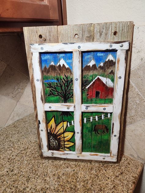 Old Window Painting Ideas, Window Wall Painting, Painted Window Panes, Old Windows Painted, Hand Painted Windows, Window Pane Art, Barn Window, Old Window Projects, Painted Windows