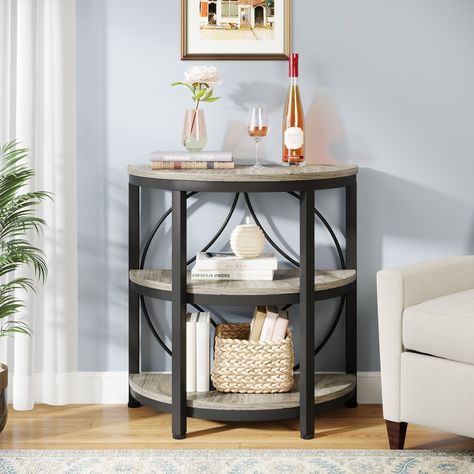 Half Round End Table, 3-Tier Narrow Side Table - Bed Bath & Beyond - 39128953 Side Table Narrow, Half Circle Table, Half Moon Table, Narrow Sofa, Bedroom Rustic, Moon Table, Narrow Side Table, Family Room Makeover, Circle Table