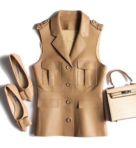 Fashion Genuine Leather Sheepskin Sleeveless Jacket Women Female Slim Suit Collar Pockets #womenfashion #womenvest Leather Sleeveless Jacket, Elaine Welteroth, Leather Waistcoat, Suit Collar, Slim Suit, England Style, Beige Style, England Fashion, Safari Style