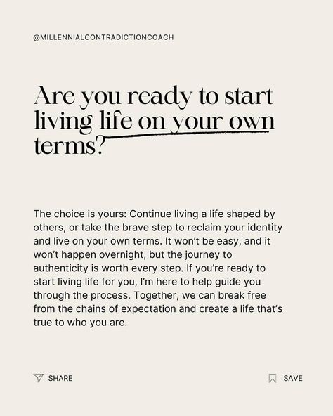 You’ve spent your whole life trying to meet other people’s expectations—whether it’s your parents, society, or even your friends. But the more you try to live up to these expectations, the more you lose yourself. It’s time to stop and ask: Whose life are you living? Let’s work together to reclaim your identity and start living life on your own terms. Comment I'm ready to book a session and start reclaiming your life today. 📷 @clairepreecephotography #BreakFree #LiveForYou #Identit... Start Living Life, Year Quotes, My Whole Life, Im Ready, Break Free, You Tried, Losing You, Live For Yourself, Other People