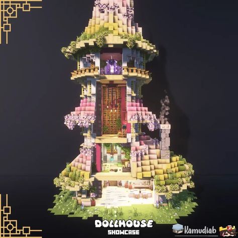 Cherry Tower Minecraft, Cherry Castle Minecraft, Big Cherry Blossom Tree Minecraft, Minecraft Custom Cherry Tree, Cottagecore Tower Minecraft, Enchantment Tower Minecraft, Minecraft Treehouses, Minecraft Inspo, Minecraft Designs