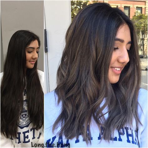 If you have long hair, I'm gonna talk you into chopping it off so I don't have to blow dry. Jk! #midlength #ashbrown #indian Balayage Indian, Indian Hair Highlights, Highlights For Black Hair, Balage Hair, Indian Hair Color, Black Hair Balayage, Hair Indian, Balayage Hair Dark, Black Hair With Highlights