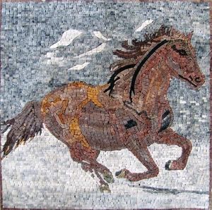 Mosaic Animals | Animals Mosaic Art | Mozaico | 4 Sea Glass Mosaic, Galloping Horse, Mosaic Animals, Contemporary Tile, Mosaic Murals, Mosaic Artwork, Brown Horse, Tile Murals, Mosaic Wall Art