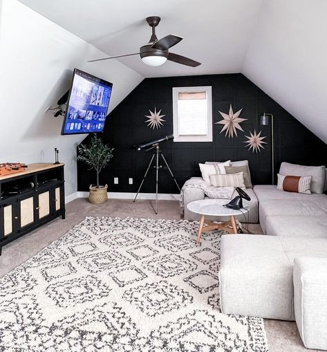 Julia | Greene Acres Farmhouse on Instagram: “Do you have a game/media room in your home? The first idea for this space was to make it a guest bedroom. Since there is a bathroom up…” Game Media Room, Slanted Walls, Boutique Rugs, American Farmhouse Style, Timber Frame Homes, Blue Rooms, Spare Room, Perfect Rug, Media Room