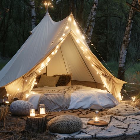 Transform your canvas into a cozy retreat for an unforgettable tent night with friends. Discover inspiring glamping tent interior ideas and make your backyard tent sleepover a memorable experience. Click to learn more! Backyard Tent Sleepover, Glamping With Friends, Glamping Set Up, Camping In Backyard, Tent Interior Ideas, Glamping Aesthetic, Tent Camping Aesthetic, Camping Inspo, Dog Hiking Gear