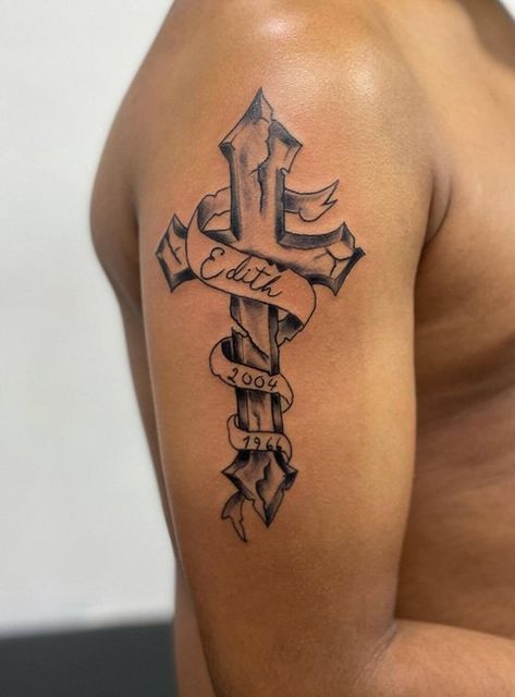 Cross Necklace Tattoo, Wooden Cross Tattoos, Back Cross Tattoos, Shoulder Piece Tattoo, Upper Shoulder Tattoo, Cross Shoulder Tattoos, Cross Tattoo Meaning, Unique Cross Tattoos, Verse Tattoos