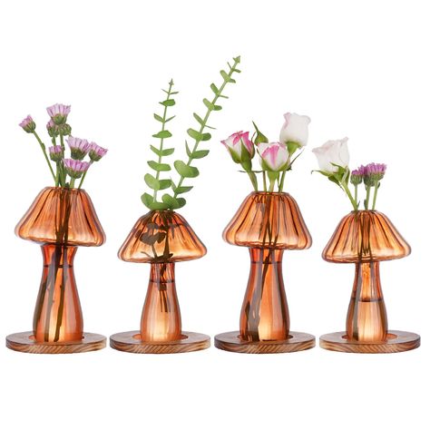 PRICES MAY VARY. ☀【Handcrafted Plant Propagation Station】Each set includes 2 large mushroom vases, 2 small mushroom vases, and 4 wooden bases. Made from thick high borosilicate glass, each piece is handcrafted, giving each vase a slightly unique shape. The natural tones of the mushroom vases give an eclectic and natural feel, adding a cute and cool charm to any room. When light shines through, it brings a warm tone. Whether displaying flowers, green plants, or as a centerpiece on the dining tabl Mushroom Table Decor, Mushroom Wedding Decor, Mushroom Vases, Mushroom Centerpiece, Plant Propagation Station, Home Decor Brown, Small Mushroom, Vases For Flowers, Thanksgiving 2024