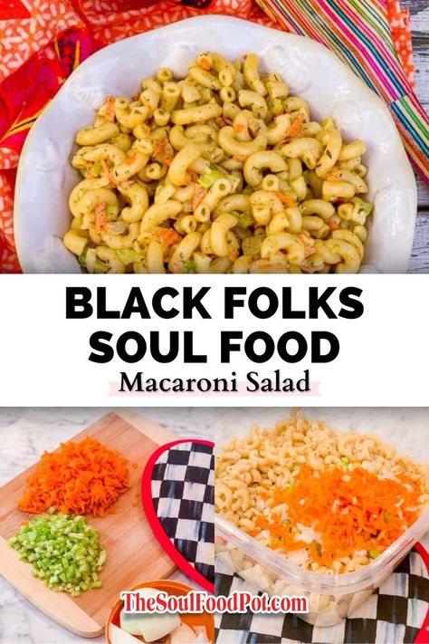 How do you make Black macaroni salad?

Black folks soul food macaroni salad includes flavorful ingredients like sweet carrots, savory onions, and celery. Plus, mayo, mustard, and seasonings that pack a delicious punch like thyme, celery salt, and cayenne pepper for a tiny touch of sweet heat! Southern Macaroni Salad, Cooking Soul Food, Deep South Dish, Macaroni Recipes, Southern Recipes Soul Food, Macaroni Salad Recipe, Soul Food Dinner, Healthy Family Dinners, Lean Belly Juice