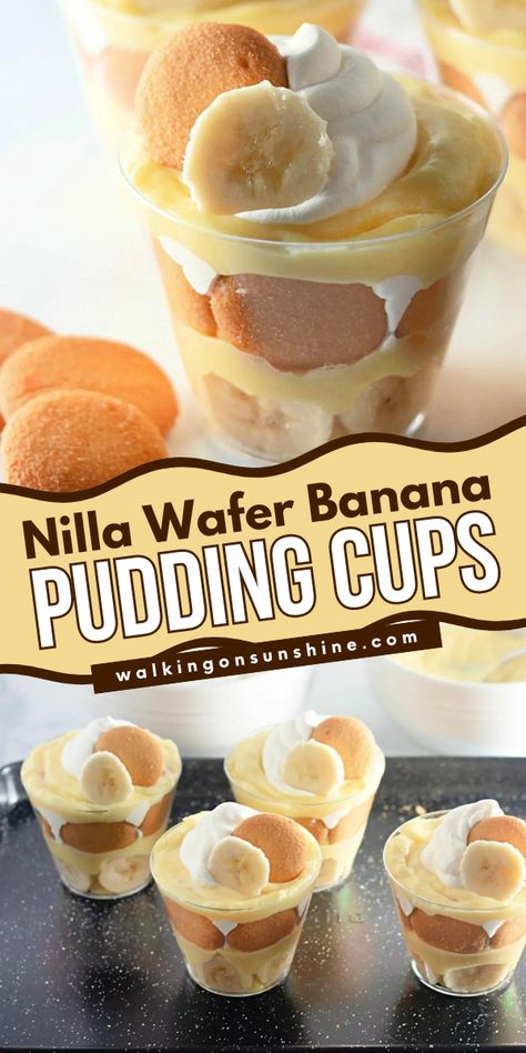 A no bake dessert recipe to satisfy your sweet tooth! This banana Nilla Wafer dessert is a delicious, simple sweet treat that's made with vanilla pudding, bananas, whipped cream, and Nilla Wafer cookies. Save these mini banana pudding cups for later! Vanilla Pudding Wafer Dessert, Banana Pudding Cups Easy, Banana Pudding In A Cup Recipe, Easy Banana Pudding Parfaits, Individual Banana Pudding Cups Parties, Banana Pudding And Vanilla Wafer Dessert, Mini Vanilla Wafers Banana Pudding, Pies In A Cup, Easy Party Food Dessert