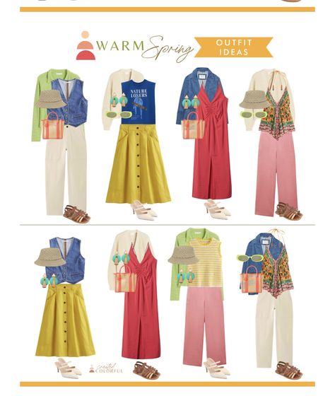 True Spring Outfits Aesthetic, House Of Colour Spring Outfits, Warm Spring Capsule Wardrobe, True Spring Color Palette Outfits, Warm Spring Color Palette Outfits, Spring Color Palette Outfits, True Spring Outfits, Bright Spring Outfits, Spring Season Outfit