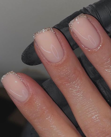 Short Classy Nails, Old Money Nails, Glitter French Nails, Money Nails, Glitter Tip Nails, French Manicure Nails, Simple Gel Nails, Casual Nails, Cute Gel Nails