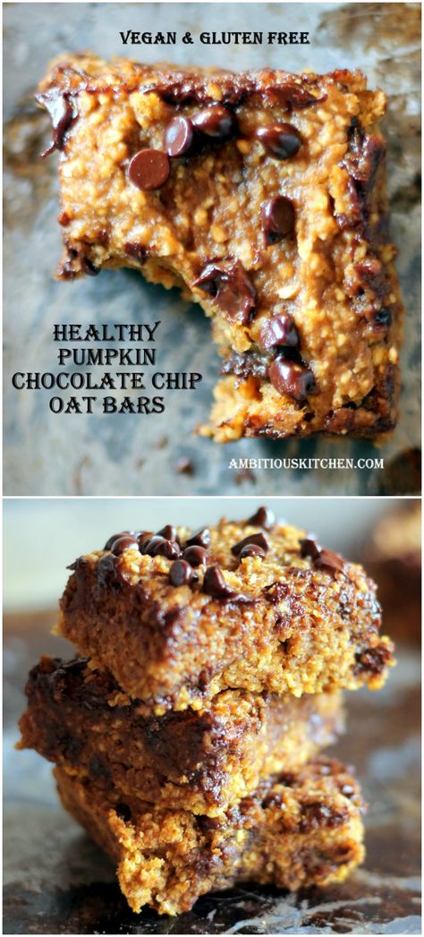 Chocolate Chip Oat Bars, Healthy Pumpkin Bars, Chip Bar, Chocolate Chip Bars, Pumpkin Chocolate Chip, Pumpkin Bars, Oat Bars, Vegan And Gluten Free, Pumpkin Chocolate Chips