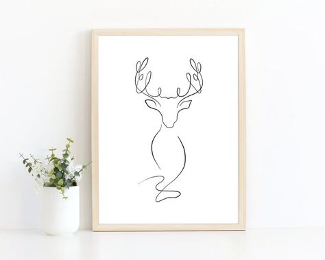 Reindeer Line Drawing, Reindeer Line Art, Winter Line Art, Deer Line Drawing, Deer Line Art, Reindeer Tattoo, Christmas Line Art, Deer Outline, Deer Head Tattoo