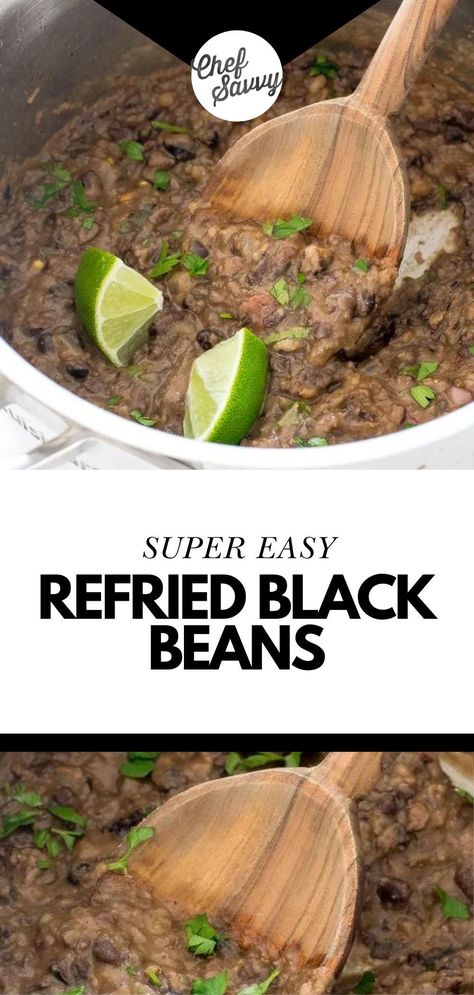 Save this quick and easy recipe for a homemade Refried Black Beans! Homemade refried beans are a lot easier to make than you think and taste so much better than refried black beans from the can! They make the perfect side dish for Mexican or Southwestern dishes and are ready in less than 25 minutes! Follow Chef Savvy for more Dinner Ideas for Family! Refries Black Beans Recipe, Homemade Refried Black Beans, Refried Beans Recipe Easy, Mexican Beans Recipe, How To Make Beans, Refried Black Beans, Make Refried Beans, Mexican Favorites, Homemade Refried Beans