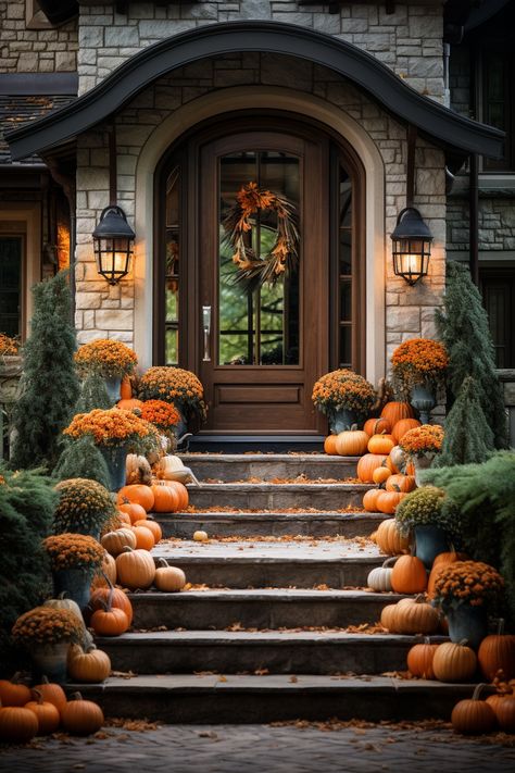 Cozy Fall Entry: 25 Thanksgiving Ideas for Front Porch and Stairs Simple Fall Landscaping Front Yard, Pumpkin House Decor Front Porches, Fall Front Porch Decor Victorian, Thanksgiving Porch Decor, Mums And Pumpkins Front Steps, Fall Landscaping Front Yard Pumpkin, Mums Front Porch Fall Displays, Front Yard Fall Decor, Fall Front Steps