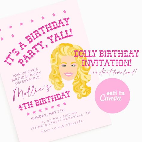 Dolly Parton Kids Birthday Party, Dolly Parton Birthday Party, Dolly Parton Children, Dolly Parton Birthday, 4th Birthday Parties, Birthday Invite, Dolly Parton, 4th Birthday, Theme Party