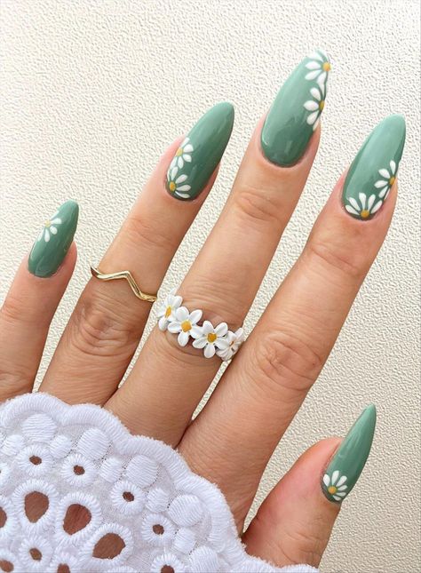 -green almond nails, short green acrylic nails, green nail designs, green nails acrylic, green nails ideas, green nails aesthetic, green nails art, green nail short, green nail polish, green nail with flowers, green nails acrylic coffin, french tip coffin nails, pastel green nails, summer gel nails, summer coffin nails, short coffin nails #coffinnails #greennails #pastelnail Tropical Leaf Nail Art, Early Spring Nails, Nails Fresh, Floral Nail Designs, Spring Nail Art, Pretty Acrylic Nails, Floral Nails, Nail Arts, Purple Nails