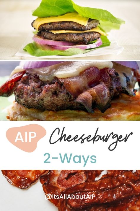 Whether it’s breakfast, lunch, or dinner - a #Paleo #AIP Cheeseburger 2-Ways is perfect for any time of day! Especially when it's also #dairyfree & #glutenfree.⁠ ⁠ If you need to keep them #autoimmuneprotocol compliant, #ketogenic #lowcarb or #carbup friendly, these cheese-free “cheese”burgers have got you covered, my friend.⁠ ⁠ You’ll love how customizable these burgers are and how you can make each option fit your dietary needs and kitchen-time constraints. ⁠ Autoimmune Diet Recipes, Hamburger Recipes Patty, Pan Dishes, Bunless Burger, Cheese Burgers, Burger Mix, Autoimmune Paleo Recipes, Keto Burger, Aip Paleo Recipes