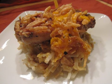 Pork Chop Casserole, Pork Chop Recipe, Crockpot Pork Chops, Crockpot Casserole, Slow Cooker Pork Chops, Potato Dinner, Hashbrown Recipes, Pork Ham, Cream Of Mushroom Soup