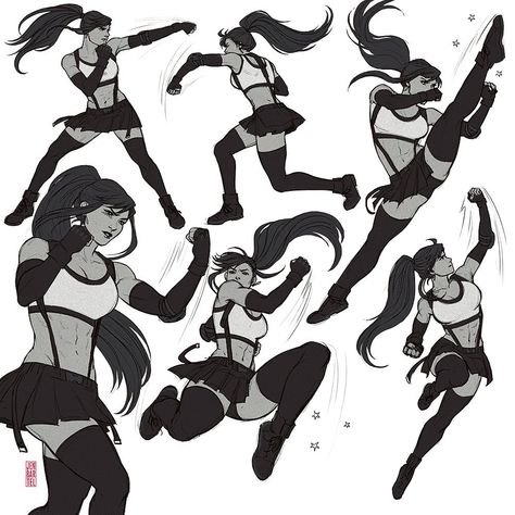 Jen Bartel, Action Pose Reference, Final Fantasy Artwork, Different Poses, Tifa Lockhart, Final Fantasy Art, Figure Drawing Reference, Character Sheet, Action Poses