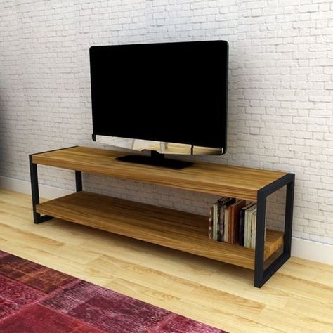 Tv Rack Design, Wood Plank Shelves, Wood And Metal Shelves, Wood Workshop, Tv Stand Decor, Welded Furniture, Industrial Design Furniture, Rack Tv, Wall Units