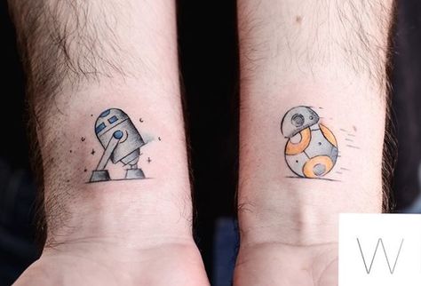 R2d2 And Bb8 Tattoo, Cute Star Wars Tattoo, Star Wars Small Tattoo, Marvel Couple Tattoos, Star Wars Couple Tattoo, Ewok Tattoo, R2d2 Tattoo, Lego Tattoo, Tattoo Memes