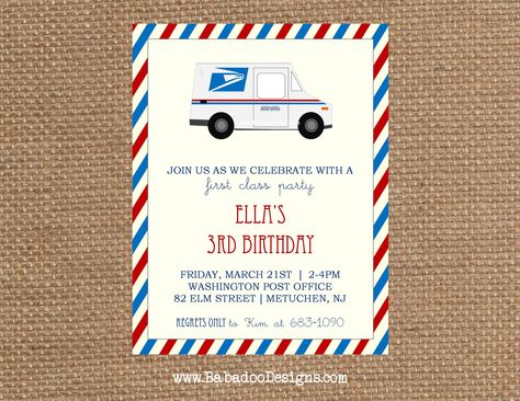 Mail Truck Birthday Party Invitation https://www.etsy.com/listing/169100406/mail-invitation-multiple-styles-colors? Mailman Birthday Party, Mailman Themed Party, Mail Truck Birthday Party, Mail Birthday Party, Postal Retirement, Birthday Mail, Mom Dad Anniversary, Postman Pat, Truck Birthday Party