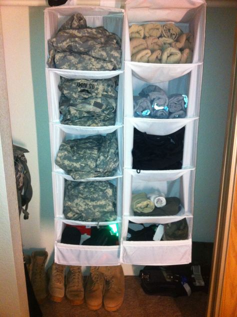 Great to organize Military uniforms, hats, badges, and pins without taking up a lot of room. Barracks Room, Home Exterior Design Ideas, Army Barracks, Navy Wife Life, Home Exterior Design, Military Wife Life, Army Wife Life, Base Housing, Home Stuff