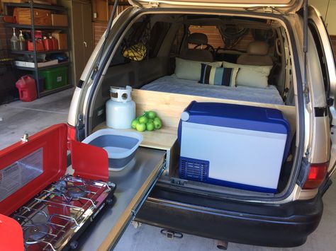 Toyota Previa Campervan Kitchen. Hiace Camper, Campervan Kitchen, Minivan Camper Conversion, Suv Camper, Minivan Camping, Suv Camping, Toyota Previa, Build A Camper Van, Van Life Diy