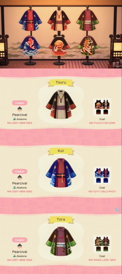 Acnh Kimono Stand Designs, Animal Crossing Kimono Pattern, Acnh Japanese Outfits, Acnh Samurai, Acnh Naruto Design, Acnh Kimono Designs, Animal Crossing Kimono, Naruto Leaf Symbol, Acnh Kimono