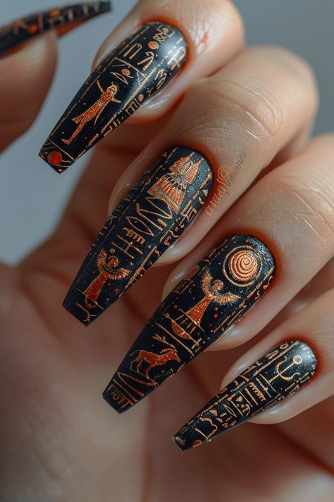 Egyptian Nails, Long Black Nails, Cute Gel Nails, Makeup Tattoos, Top Nail, Fall Nail Art, Gorgeous Nails, Long Black, Black Nails