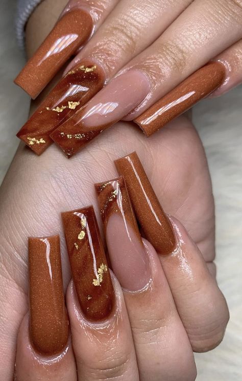 Copper Brown Nails Acrylic, Burnt Orange Nails Acrylic With Design, Orange Nail Designs Fall Autumn, Rust Color Nails Acrylic, Cinnamon Nails Acrylic, Burnt Orange Nails Black Women, Fall Nails Ideas Autumn Burnt Orange, Rust Acrylic Nails, Burnt Nails Orange