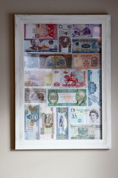 Money Frame, Foreign Money, Coin Frame, Travel Inspired Decor, Money Jar, Travel Room, Money Poster, In The Airport, Travel Crafts