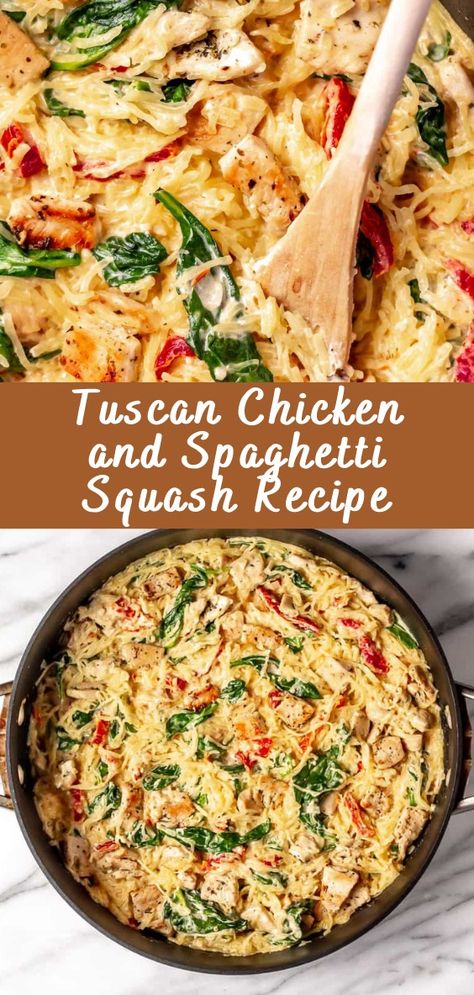 Tuscan Chicken and Spaghetti Squash Recipe | Cheff Recipes Spaghetti Squash Recipes For Diabetics, Healthy Recipes With Spaghetti Squash, Spaghetti Squash Main Dish Recipes, Spaghetti Squash Chicken Spaghetti, Recipe Using Spaghetti Squash, Spaghetti Squash And Spinach Recipes, Cooked Spaghetti Squash Recipes, Spaghetti Squash Tuscan Chicken, Dinners With Spaghetti Squash