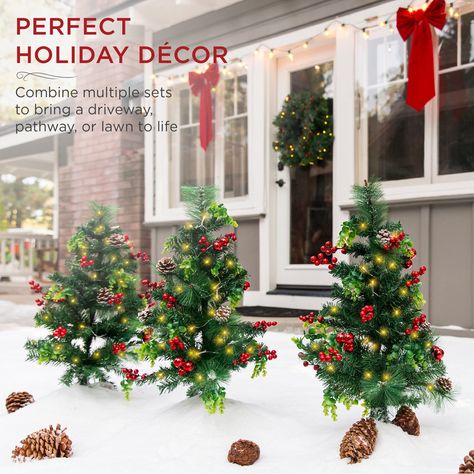 Best Choice Products Set of 2 24.5in Pre-Lit Pathway Christmas Trees Decor w/ LED Lights, Berries, Pine Cones, Ornaments - Walmart.com - Walmart.com Lit Pathway, Outdoor Christmas Decor, Led Christmas Tree, Christmas Yard Decorations, Tabletop Christmas Tree, Red Ornaments, Christmas Tree Shop, Christmas Yard, Outdoor Christmas Lights