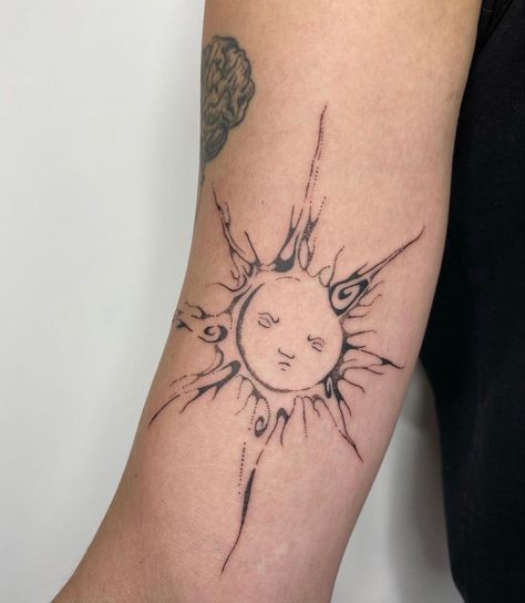 IG: @thisisurneighbour Sun Tattoo Unique, Pretty Crier, Unique Sun Tattoo, Souls Tattoo, Harmony Tattoo, Dark Souls Tattoo, Aesthetic Tattoo Ideas, Floral Arm Tattoo, Beach Tattoos