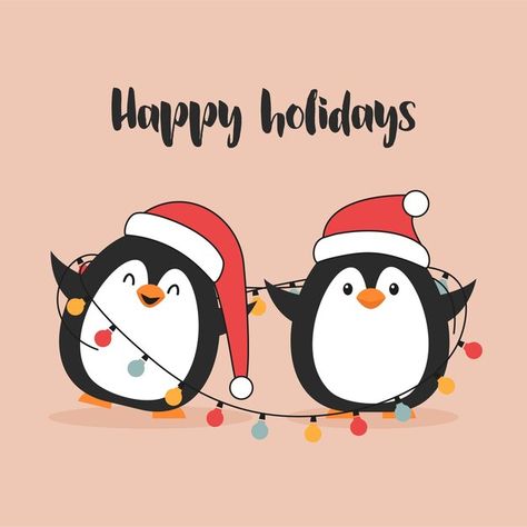 Cute Christmas Penguin Drawing, Christmas Cards Penguin, Christmas Card Penguin, Merry Christmas Cartoon, Penguin Character, Two Penguins, Christmas Cartoon Characters, Penguin Illustration, Cartoon Penguin